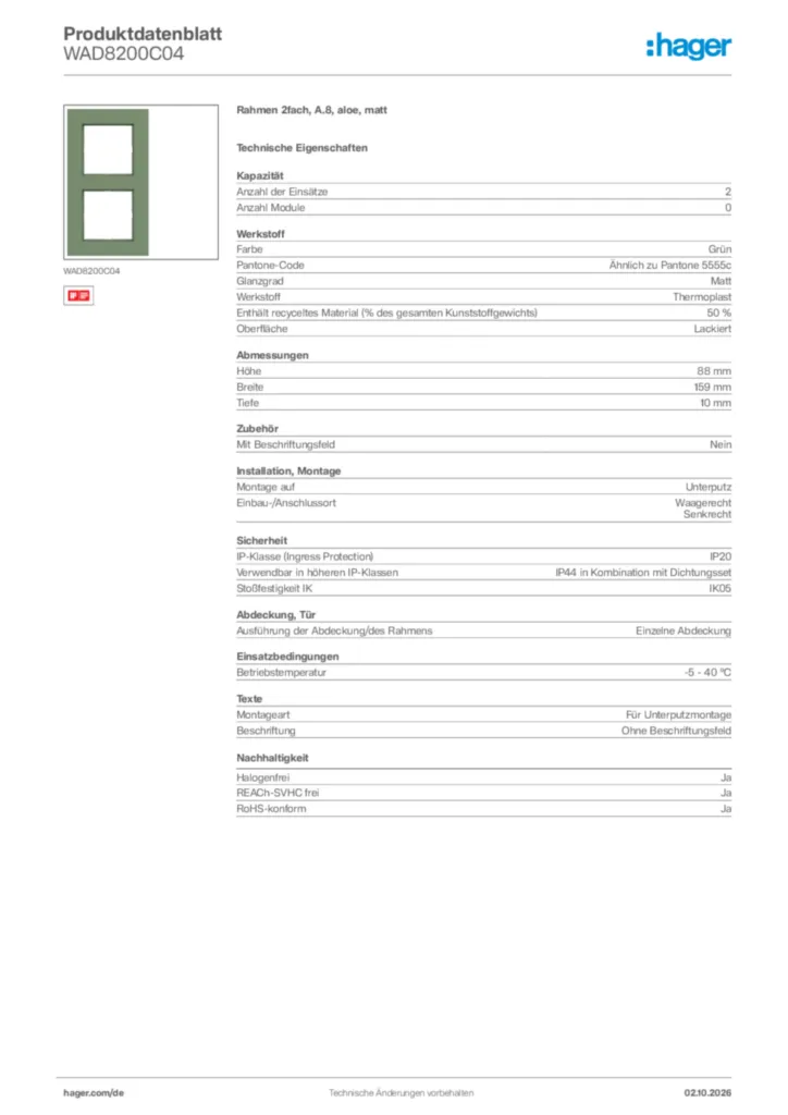 Bild Hager Produktdatenblatt WAD8200C04 | Hager Deutschland