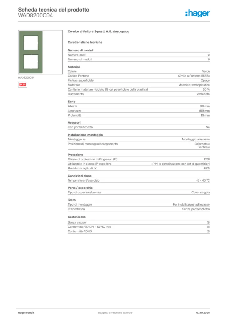 Immagine Hager Scheda tecnica del prodotto WAD8200C04 | Hager Italia