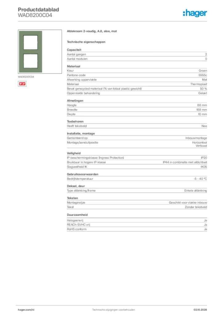 Afbeelding Hager Productdatablad WAD8200C04 | Hager Nederland