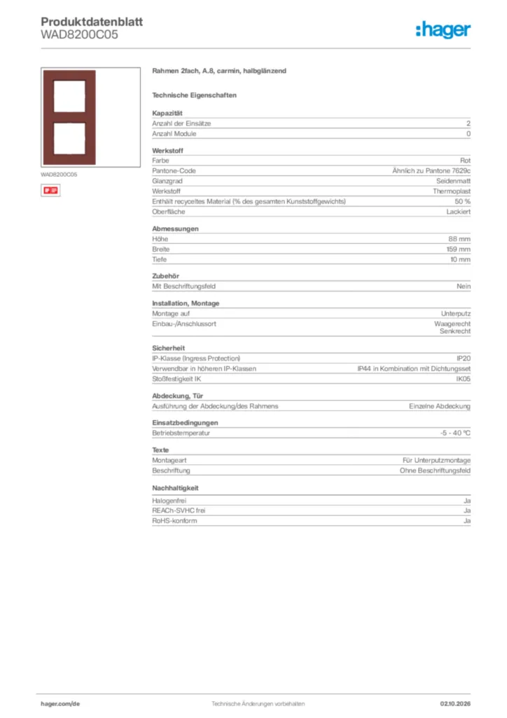 Bild Hager Produktdatenblatt WAD8200C05 | Hager Deutschland