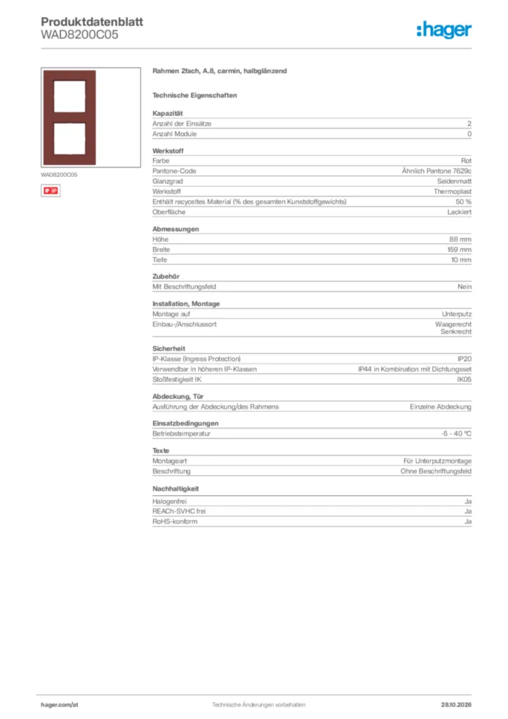 Bild Hager Produktdatenblatt WAD8200C05 | Hager Deutschland