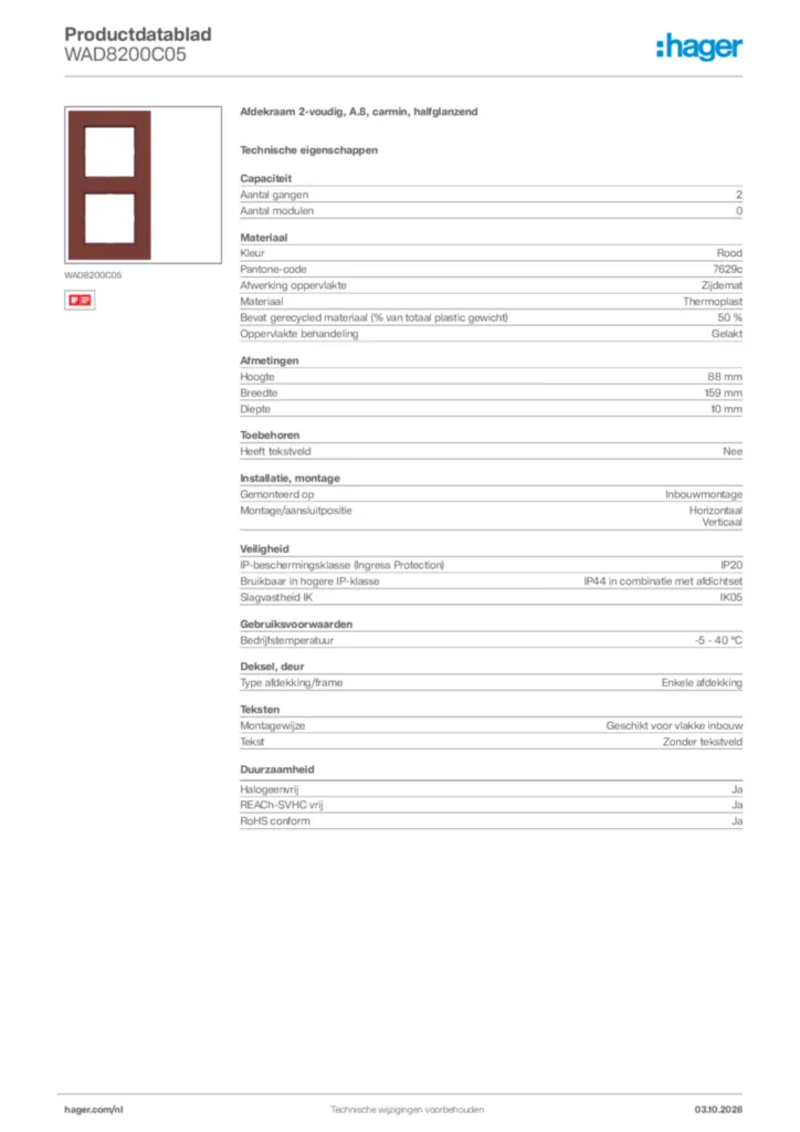 Afbeelding Hager Productdatablad WAD8200C05 | Hager Nederland