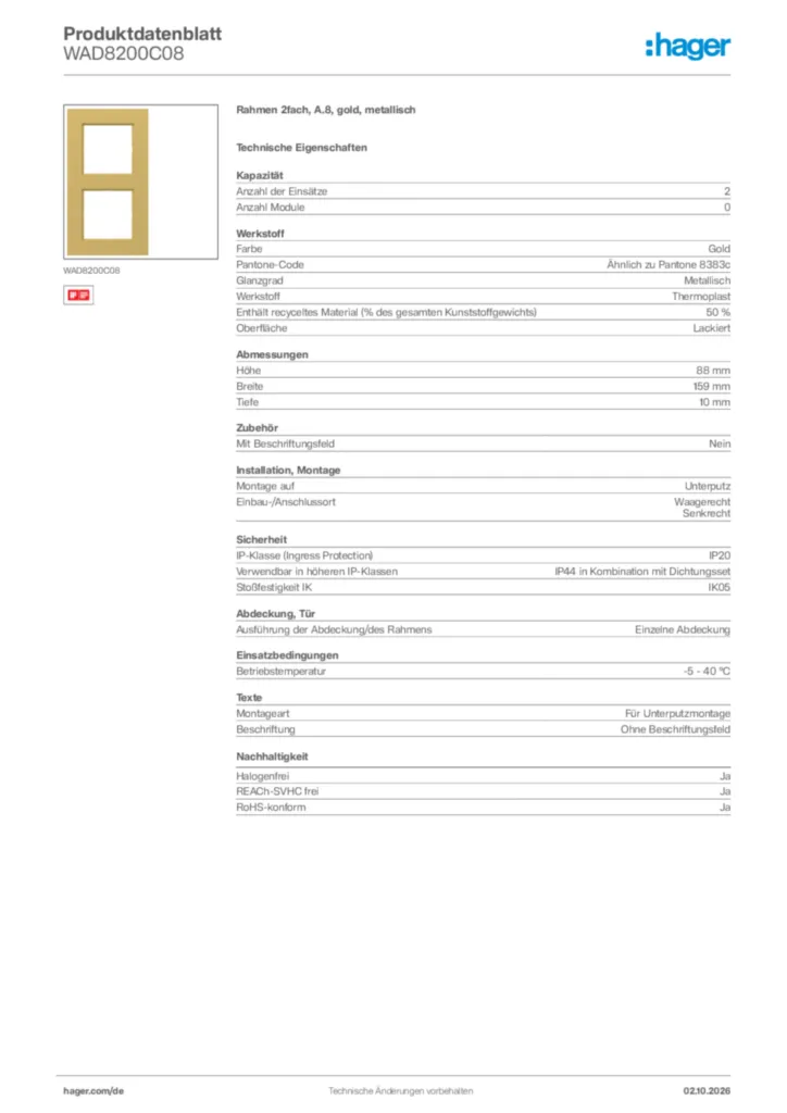Bild Hager Produktdatenblatt WAD8200C08 | Hager Deutschland