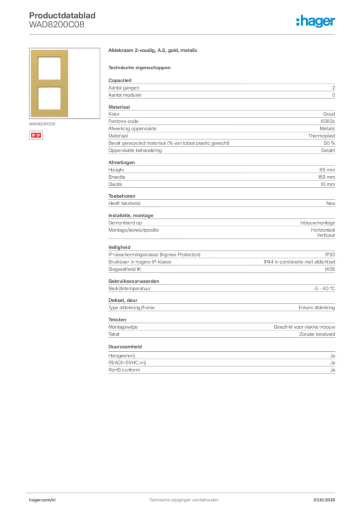 Afbeelding Hager Productdatablad WAD8200C08 | Hager Nederland