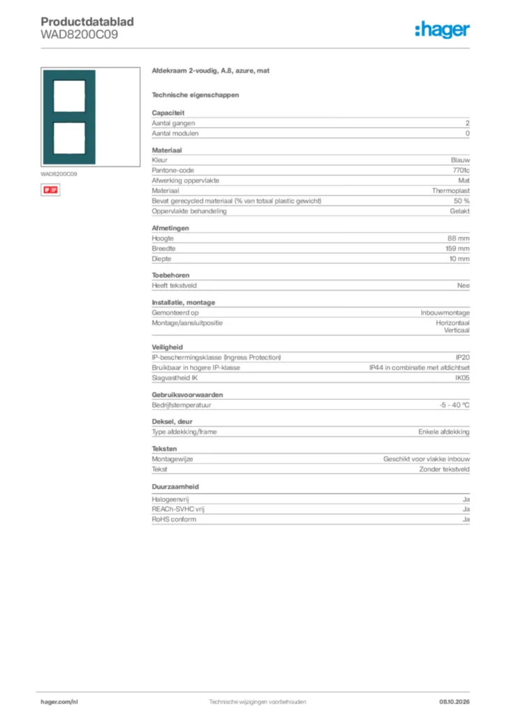 Afbeelding Hager Productdatablad WAD8200C09 | Hager Nederland