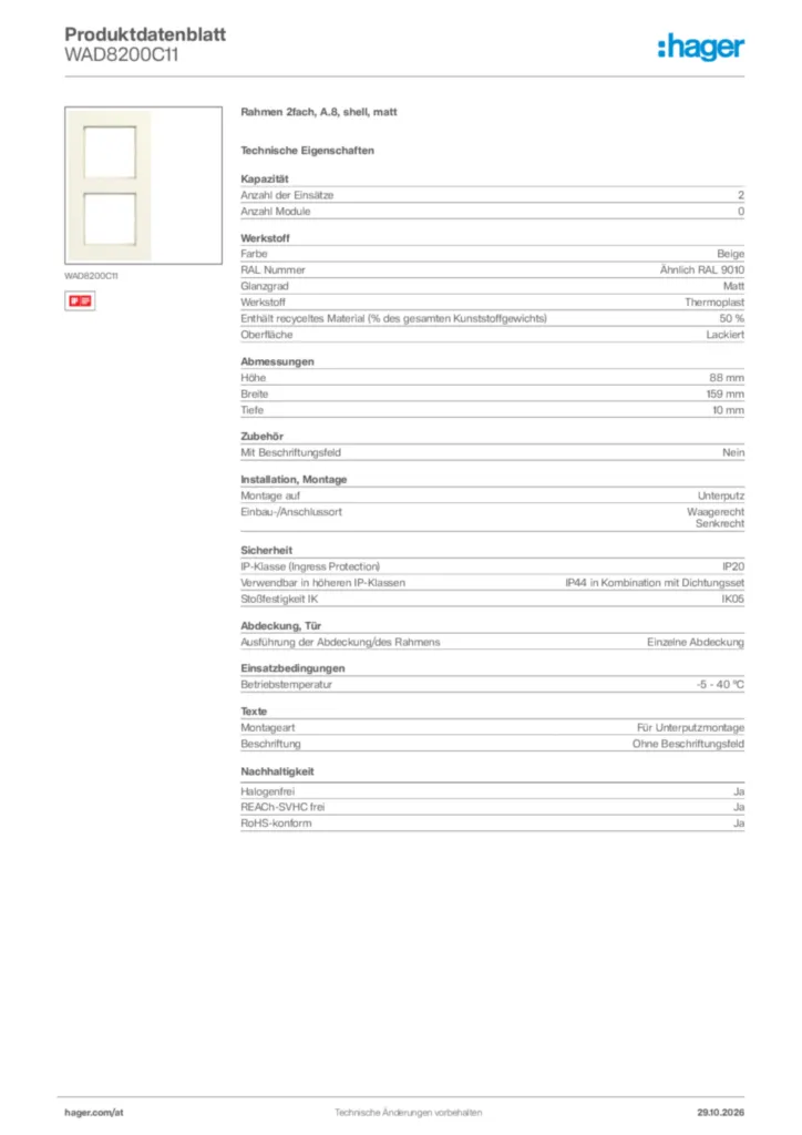 Bild Hager Produktdatenblatt WAD8200C11 | Hager Deutschland
