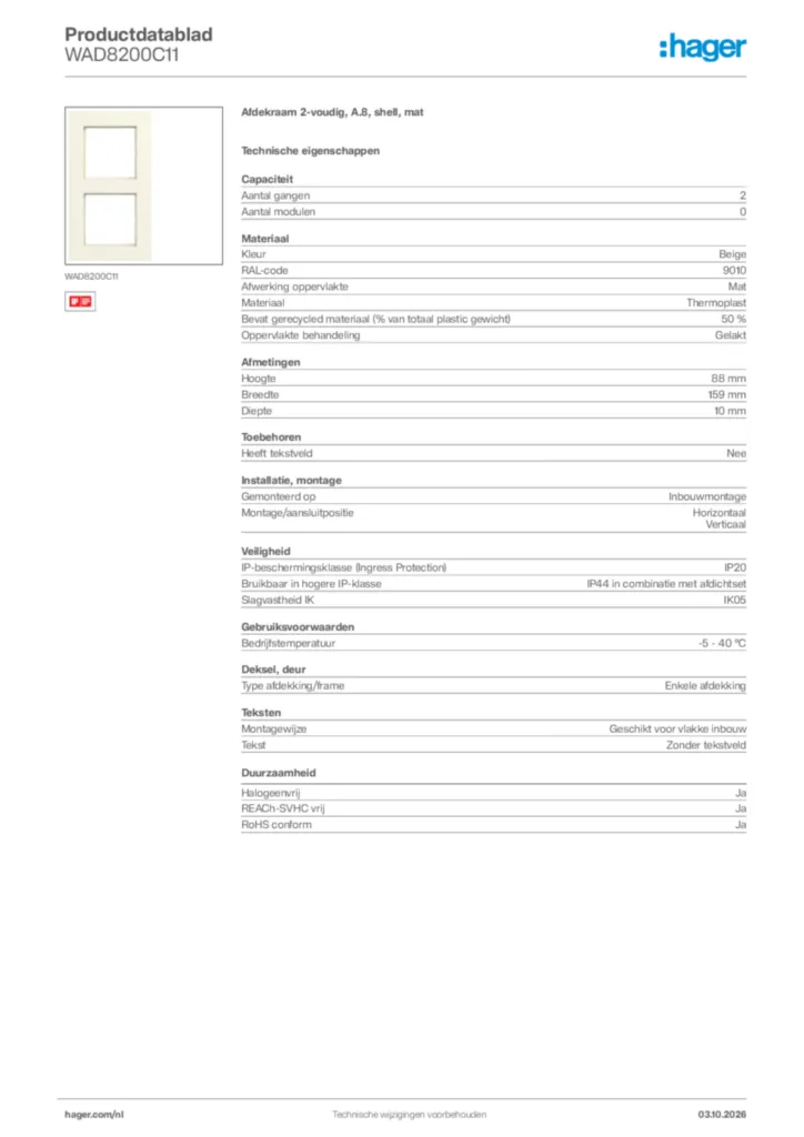 Afbeelding Hager Productdatablad WAD8200C11 | Hager Nederland