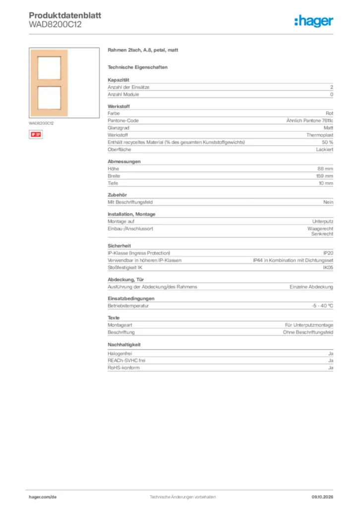 Bild Hager Produktdatenblatt WAD8200C12 | Hager Deutschland