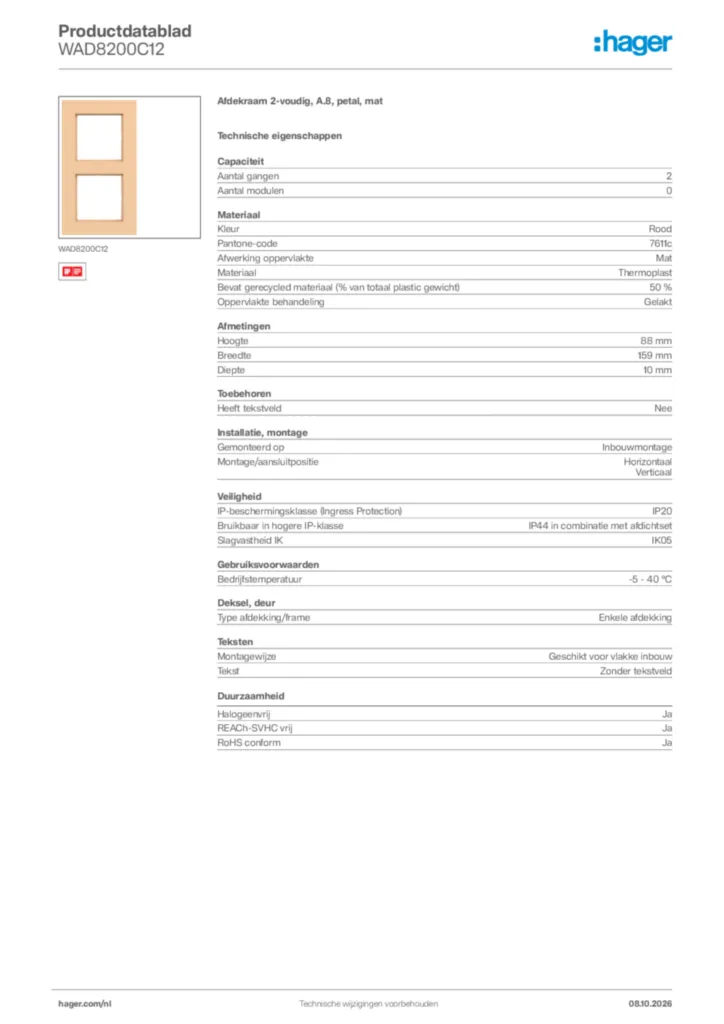 Afbeelding Hager Productdatablad WAD8200C12 | Hager Nederland