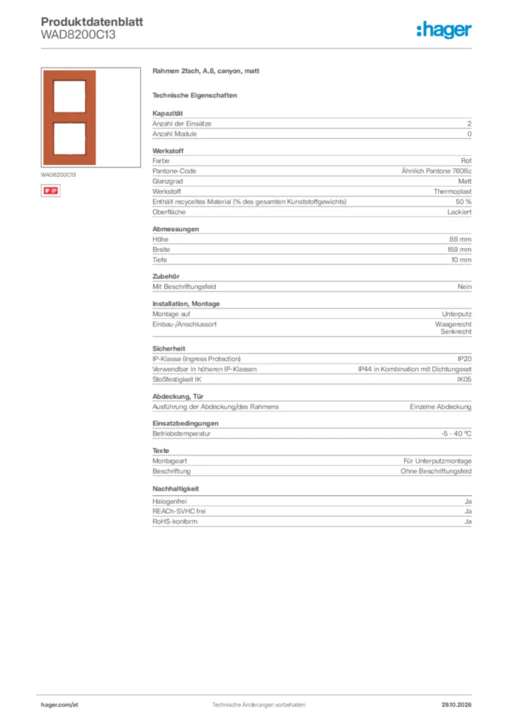 Bild Hager Produktdatenblatt WAD8200C13 | Hager Deutschland