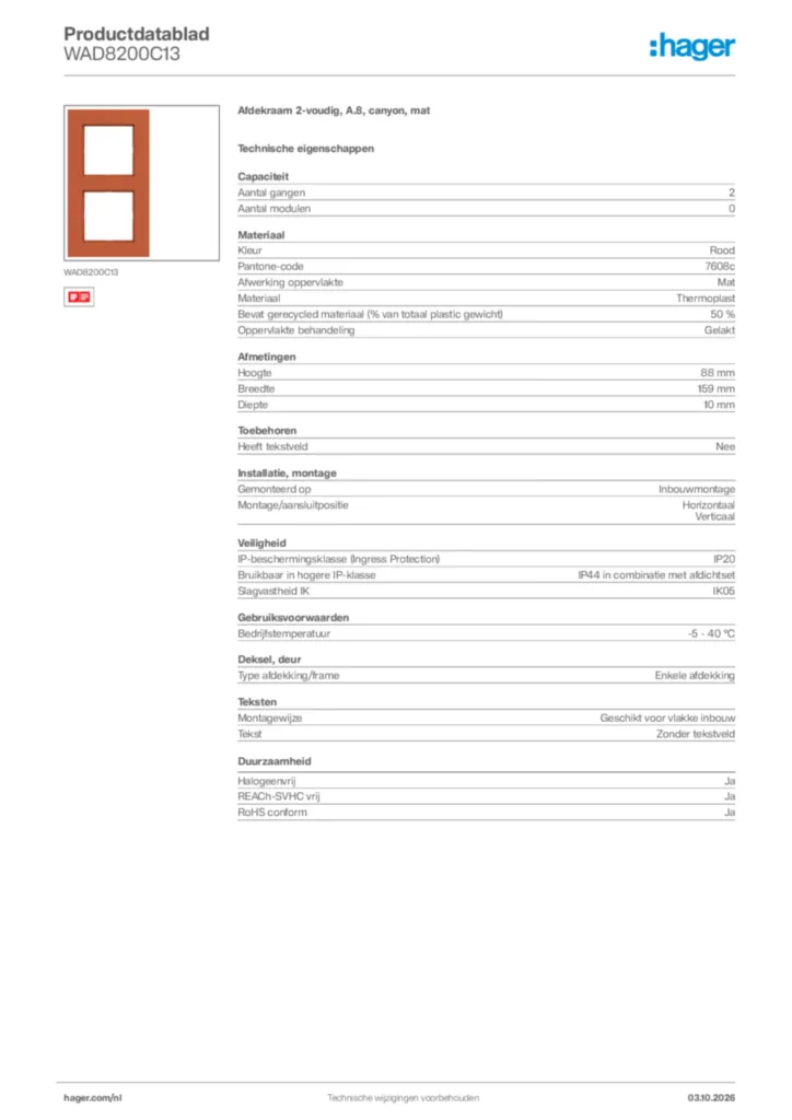 Afbeelding Hager Productdatablad WAD8200C13 | Hager Nederland