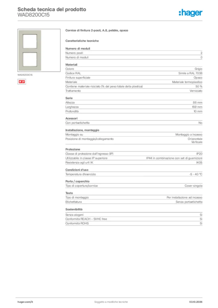 Immagine Hager Scheda tecnica del prodotto WAD8200C15 | Hager Italia