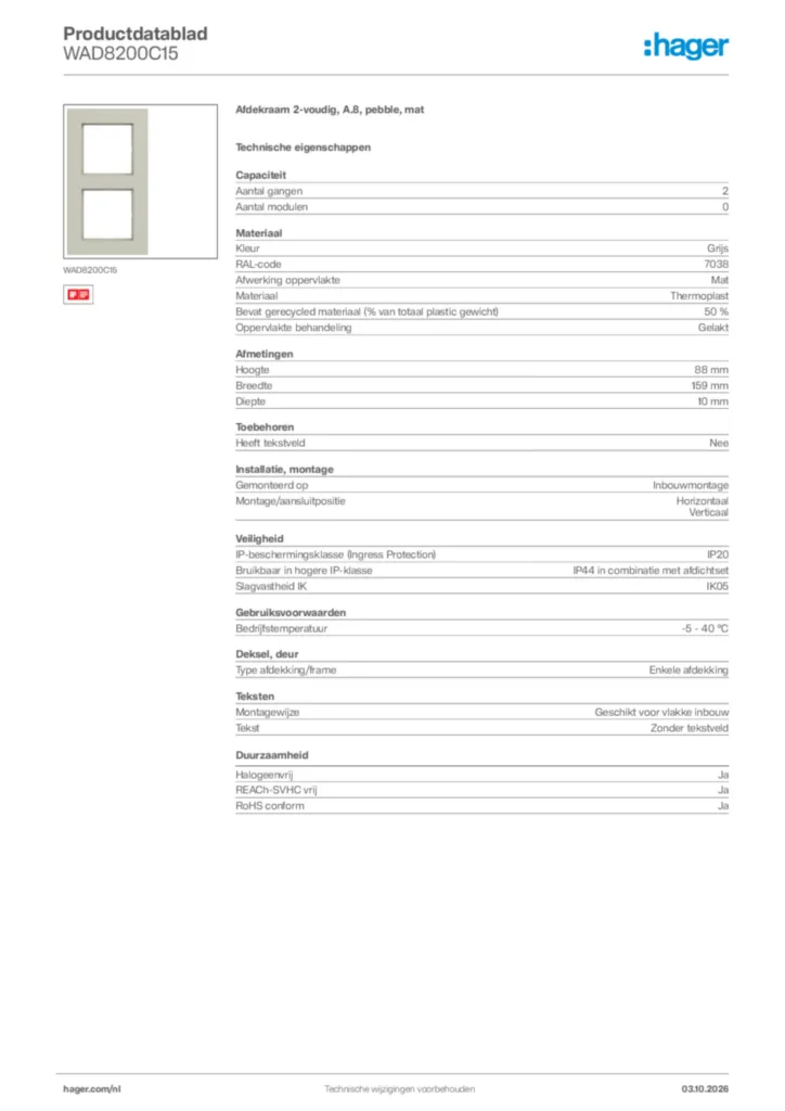 Afbeelding Hager Productdatablad WAD8200C15 | Hager Nederland