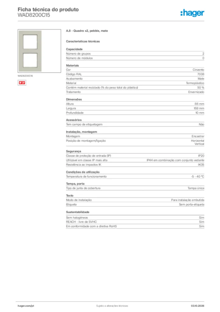 Imagem Hager Ficha técnica do produto WAD8200C15 | Hager Portugal
