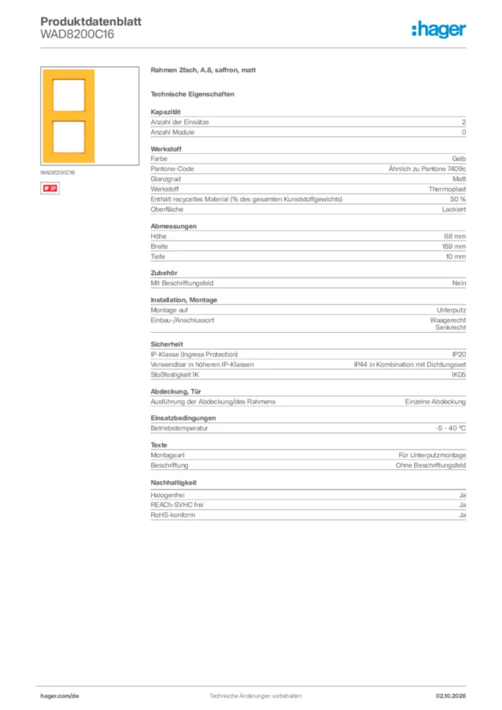 Bild Hager Produktdatenblatt WAD8200C16 | Hager Deutschland
