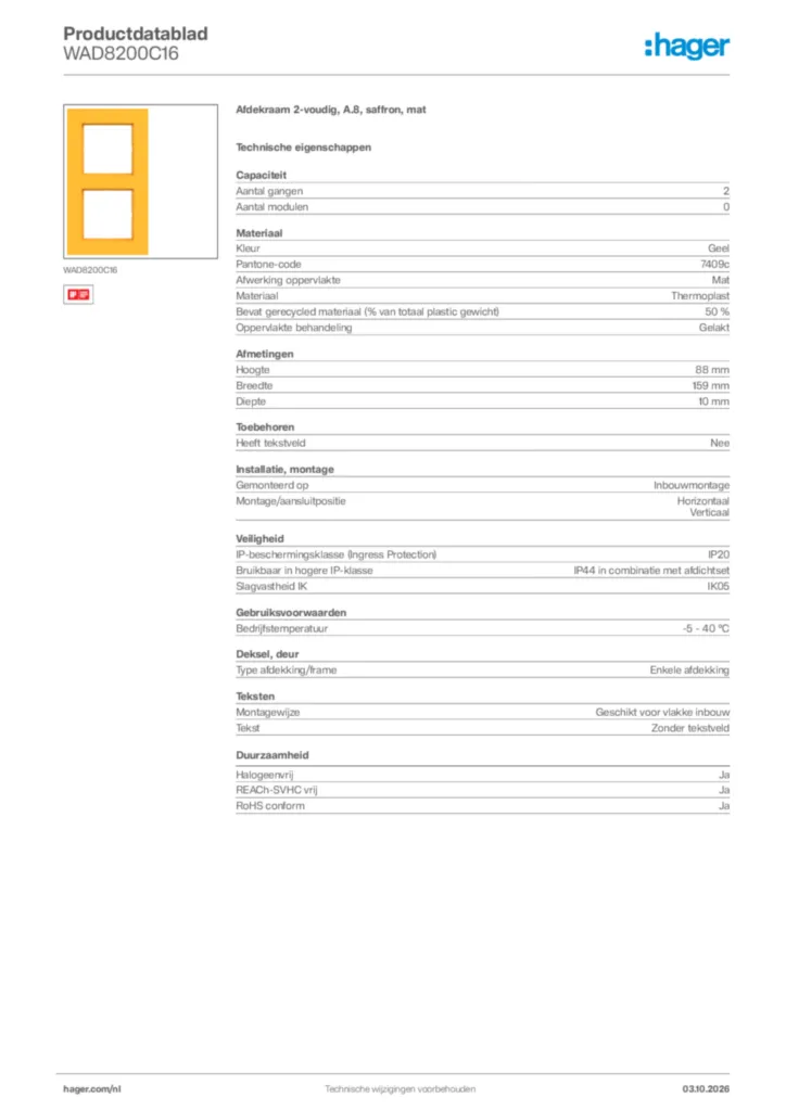 Afbeelding Hager Productdatablad WAD8200C16 | Hager Nederland