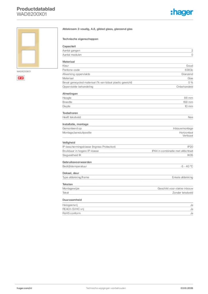 Afbeelding Hager Productdatablad WAD8200X01 | Hager Nederland