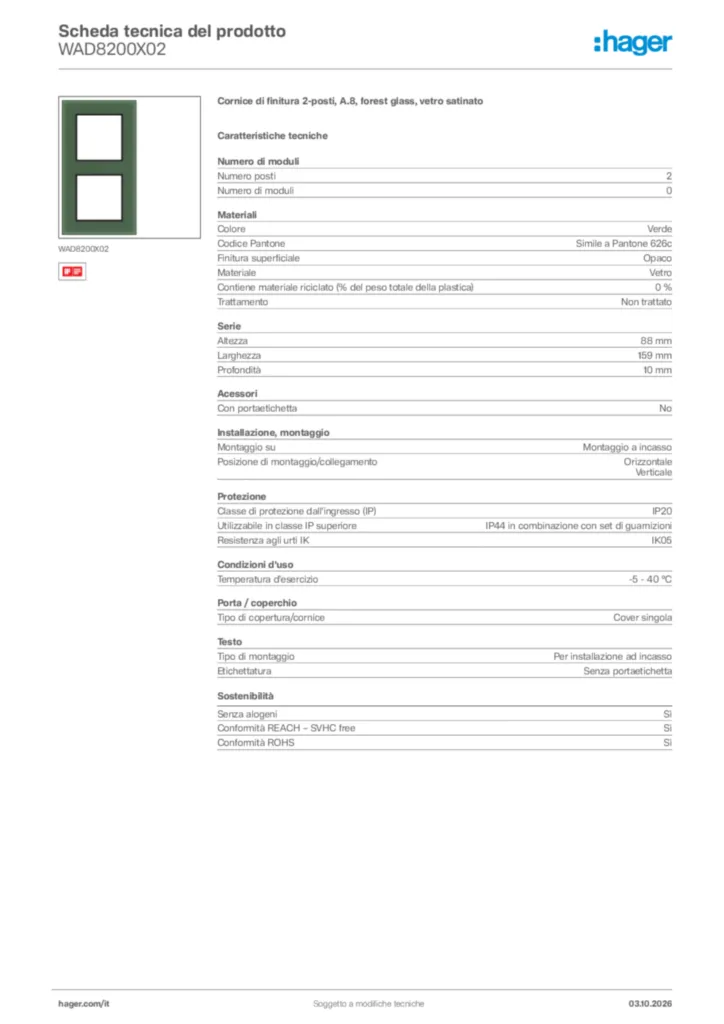 Immagine Hager Scheda tecnica del prodotto WAD8200X02 | Hager Italia