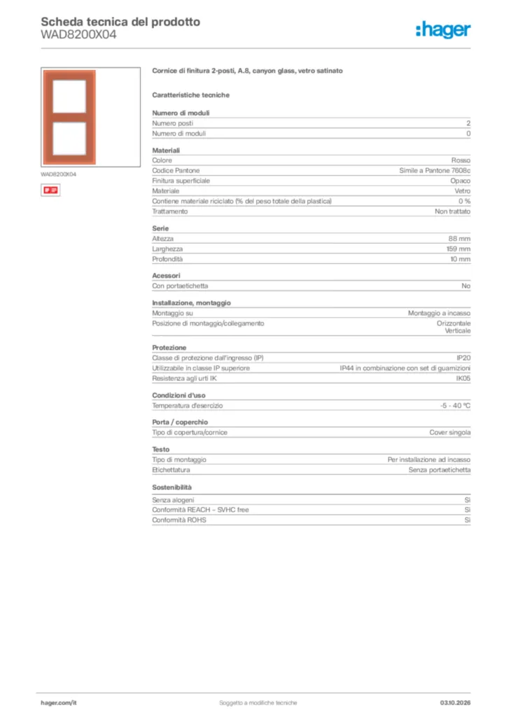 Immagine Hager Scheda tecnica del prodotto WAD8200X04 | Hager Italia