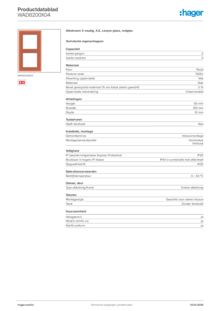 Afbeelding Hager Productdatablad WAD8200X04 | Hager Nederland