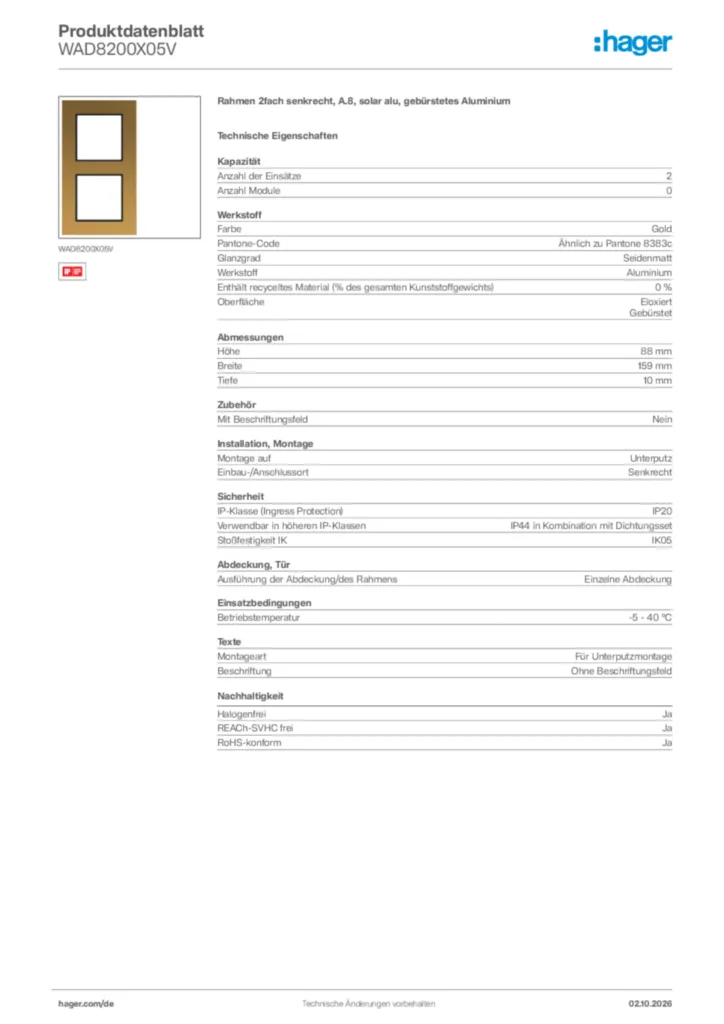 Bild Hager Produktdatenblatt WAD8200X05V | Hager Deutschland