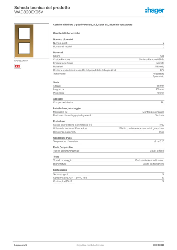 Immagine Hager Scheda tecnica del prodotto WAD8200X05V | Hager Italia