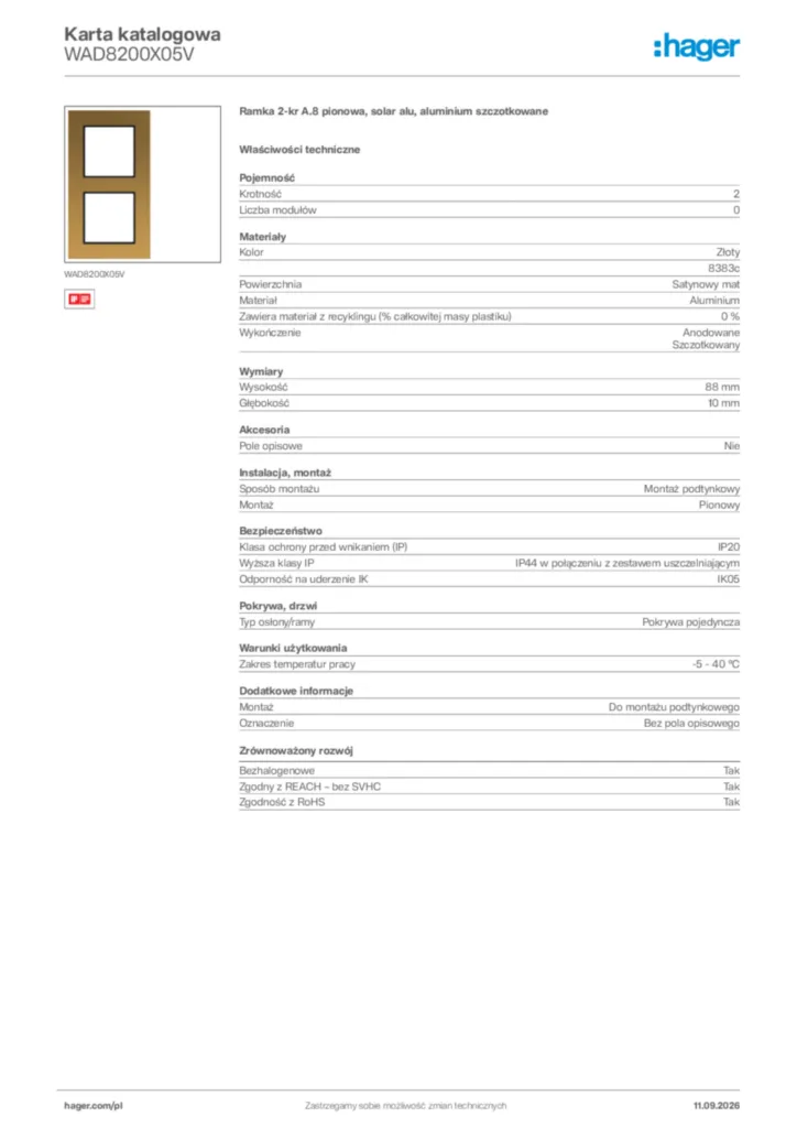 Zdjęcie Hager Karta katalogowa WAD8200X05V | Hager Polska