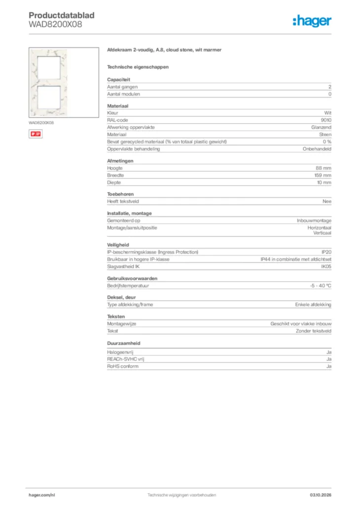Afbeelding Hager Productdatablad WAD8200X08 | Hager Nederland