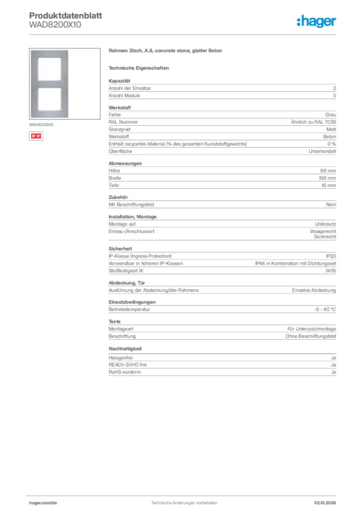 Bild Hager Produktdatenblatt WAD8200X10 | Hager Deutschland