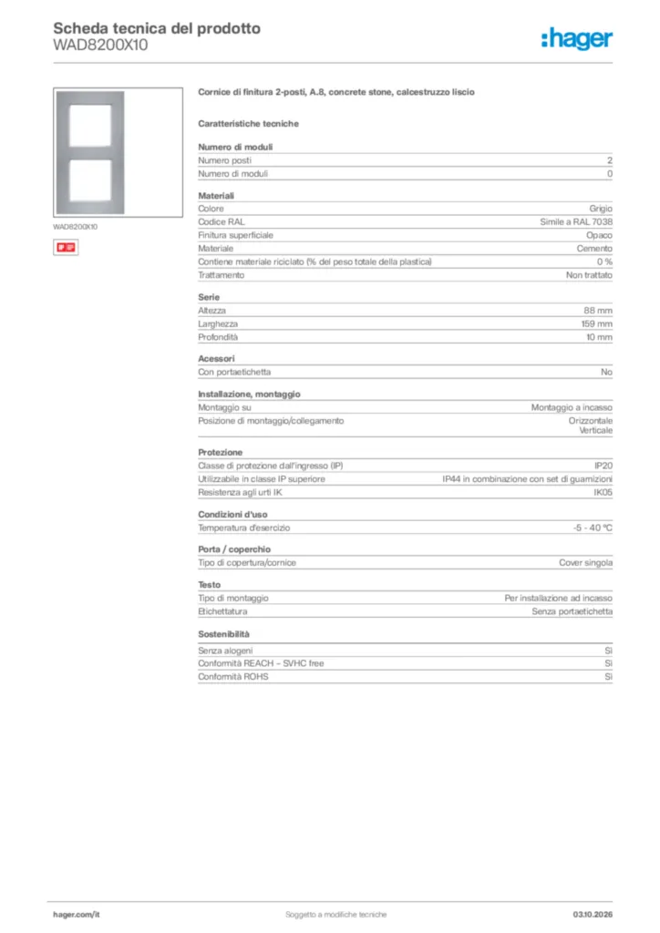 Immagine Hager Scheda tecnica del prodotto WAD8200X10 | Hager Italia