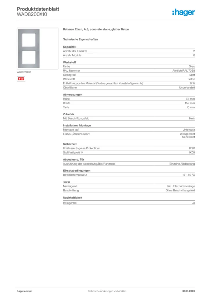 Bild Hager Produktdatenblatt WAD8200X10 | Hager Deutschland