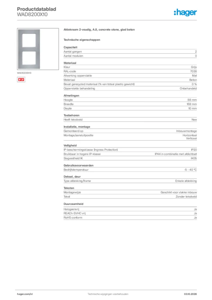 Afbeelding Hager Productdatablad WAD8200X10 | Hager Nederland