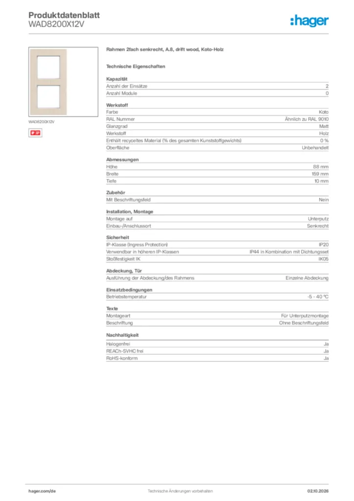 Bild Hager Produktdatenblatt WAD8200X12V | Hager Deutschland
