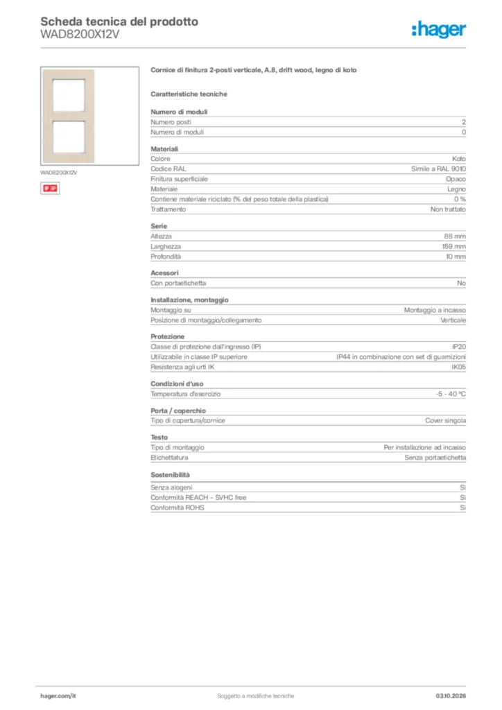 Immagine Hager Scheda tecnica del prodotto WAD8200X12V | Hager Italia