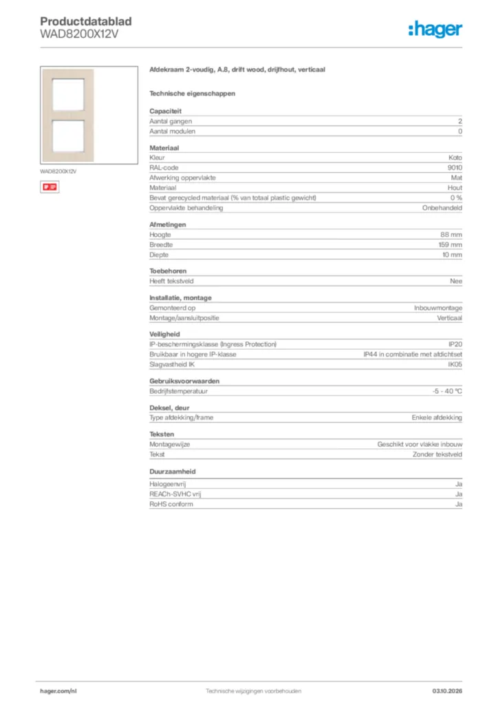 Afbeelding Hager Productdatablad WAD8200X12V | Hager Nederland