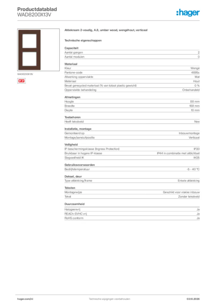 Afbeelding Hager Productdatablad WAD8200X13V | Hager Nederland