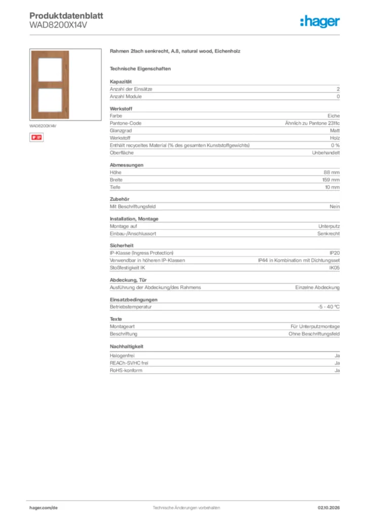 Bild Hager Produktdatenblatt WAD8200X14V | Hager Deutschland