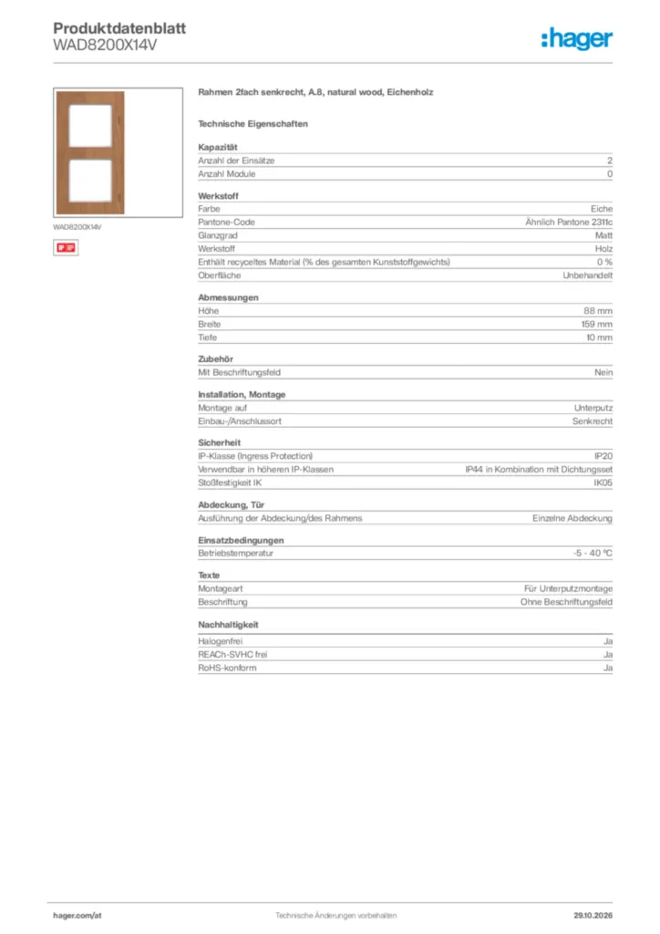 Bild Hager Produktdatenblatt WAD8200X14V | Hager Deutschland