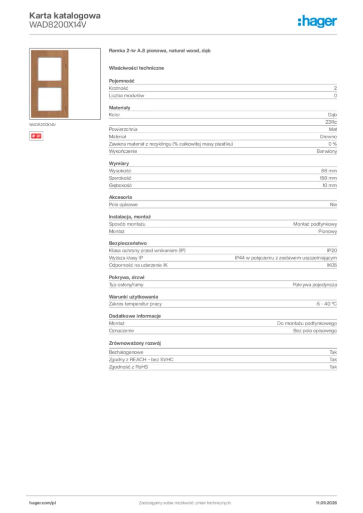 Zdjęcie Hager Karta katalogowa WAD8200X14V | Hager Polska