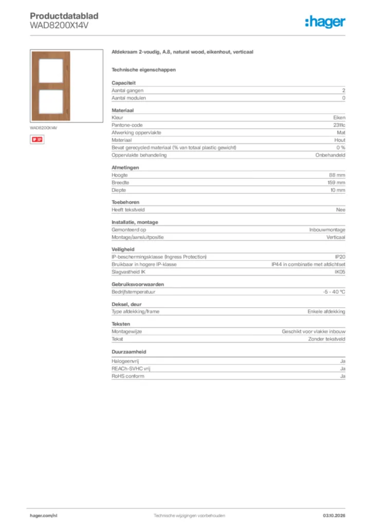 Afbeelding Hager Productdatablad WAD8200X14V | Hager Nederland