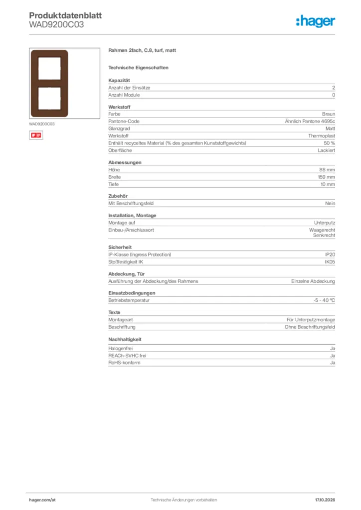 Bild Hager Produktdatenblatt WAD9200C03 | Hager Deutschland