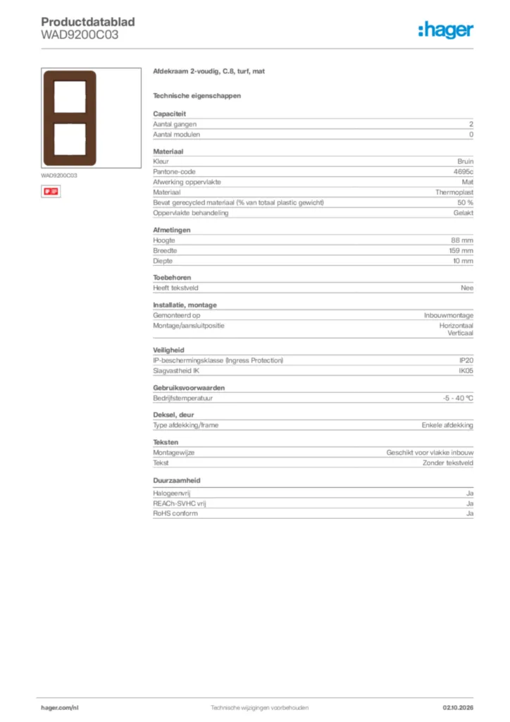 Afbeelding Hager Productdatablad WAD9200C03 | Hager Nederland