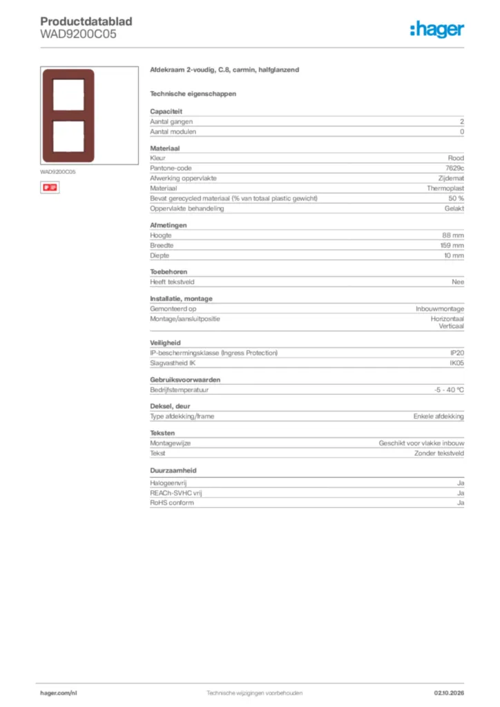 Afbeelding Hager Productdatablad WAD9200C05 | Hager Nederland