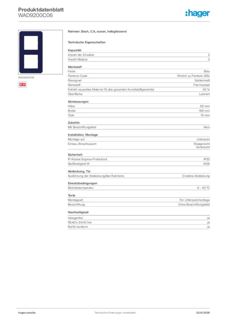 Bild Hager Produktdatenblatt WAD9200C06 | Hager Deutschland
