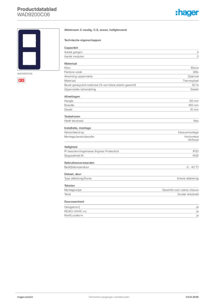 Afbeelding Hager Productdatablad WAD9200C06 | Hager Nederland