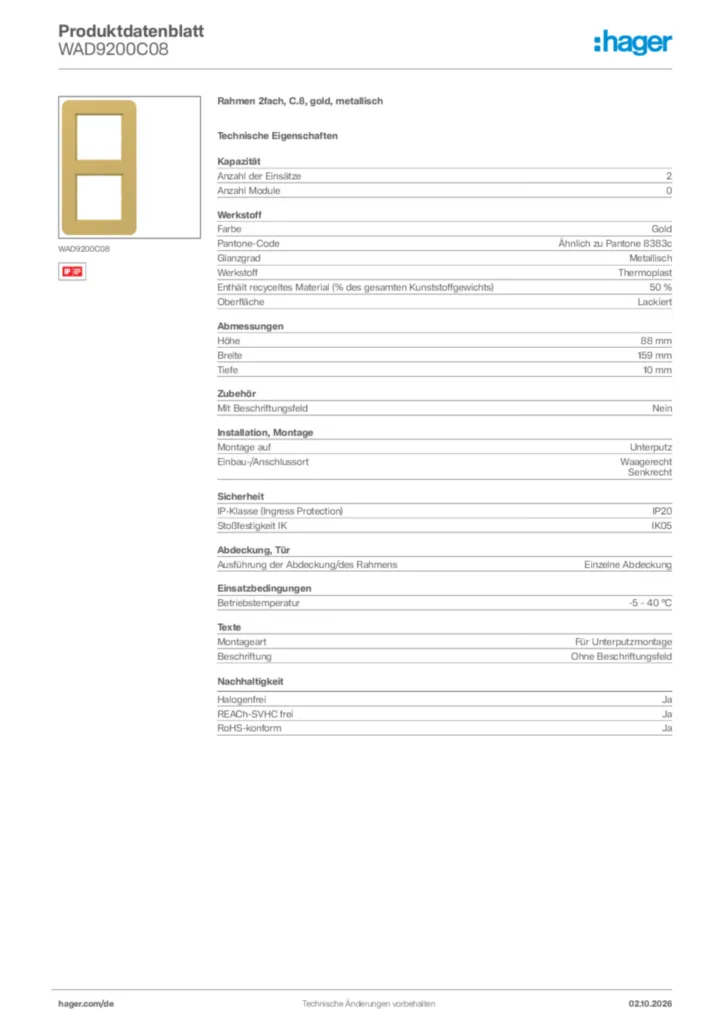 Bild Hager Produktdatenblatt WAD9200C08 | Hager Deutschland