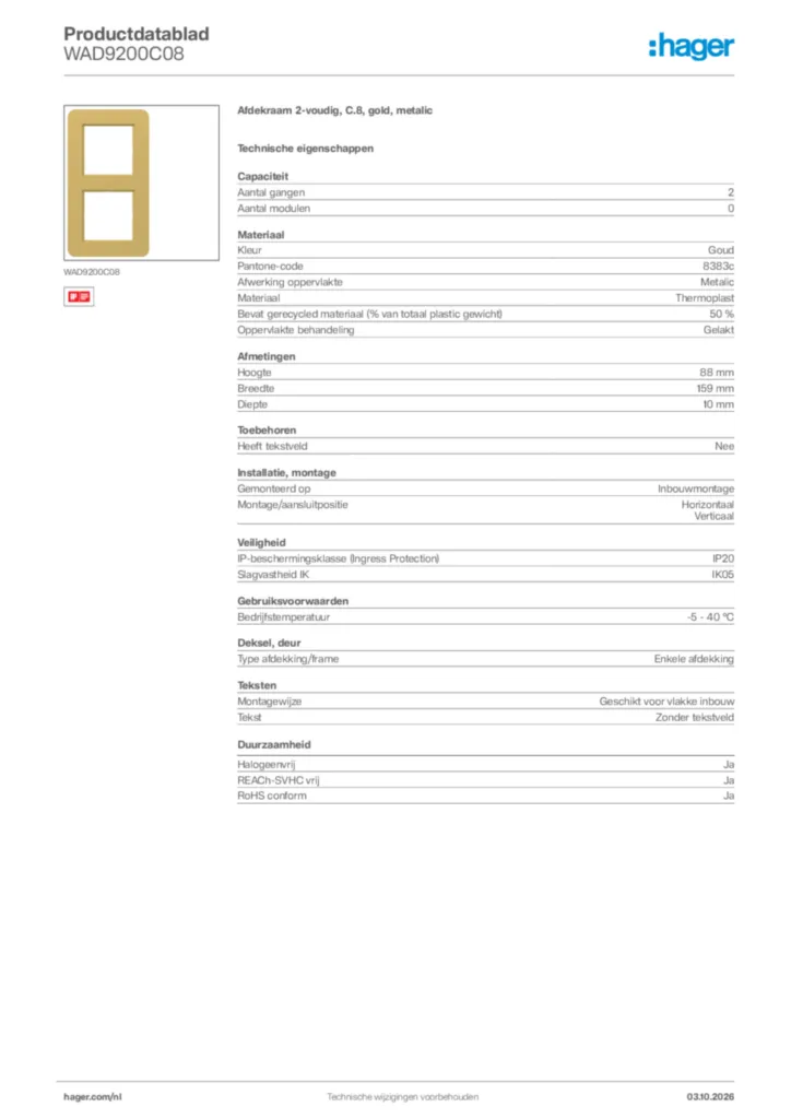 Afbeelding Hager Productdatablad WAD9200C08 | Hager Nederland