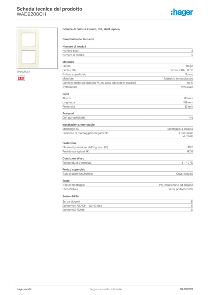 Immagine Hager Scheda tecnica del prodotto WAD9200C11 | Hager Italia