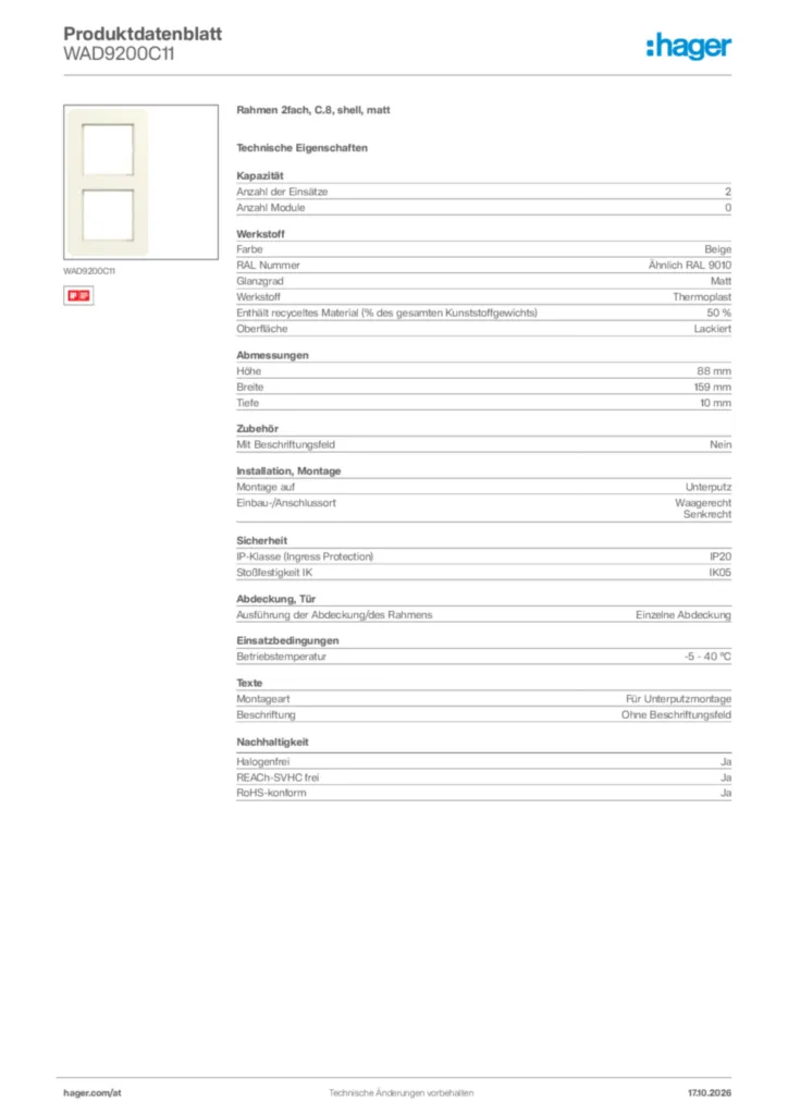 Bild Hager Produktdatenblatt WAD9200C11 | Hager Deutschland