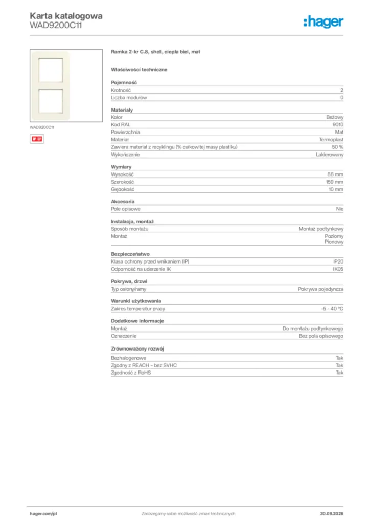 Zdjęcie Hager Karta katalogowa WAD9200C11 | Hager Polska